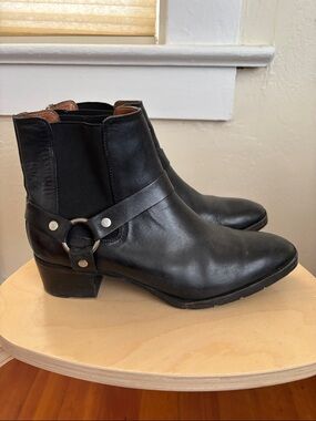 Frye Black Leather Harness Ankle Boots